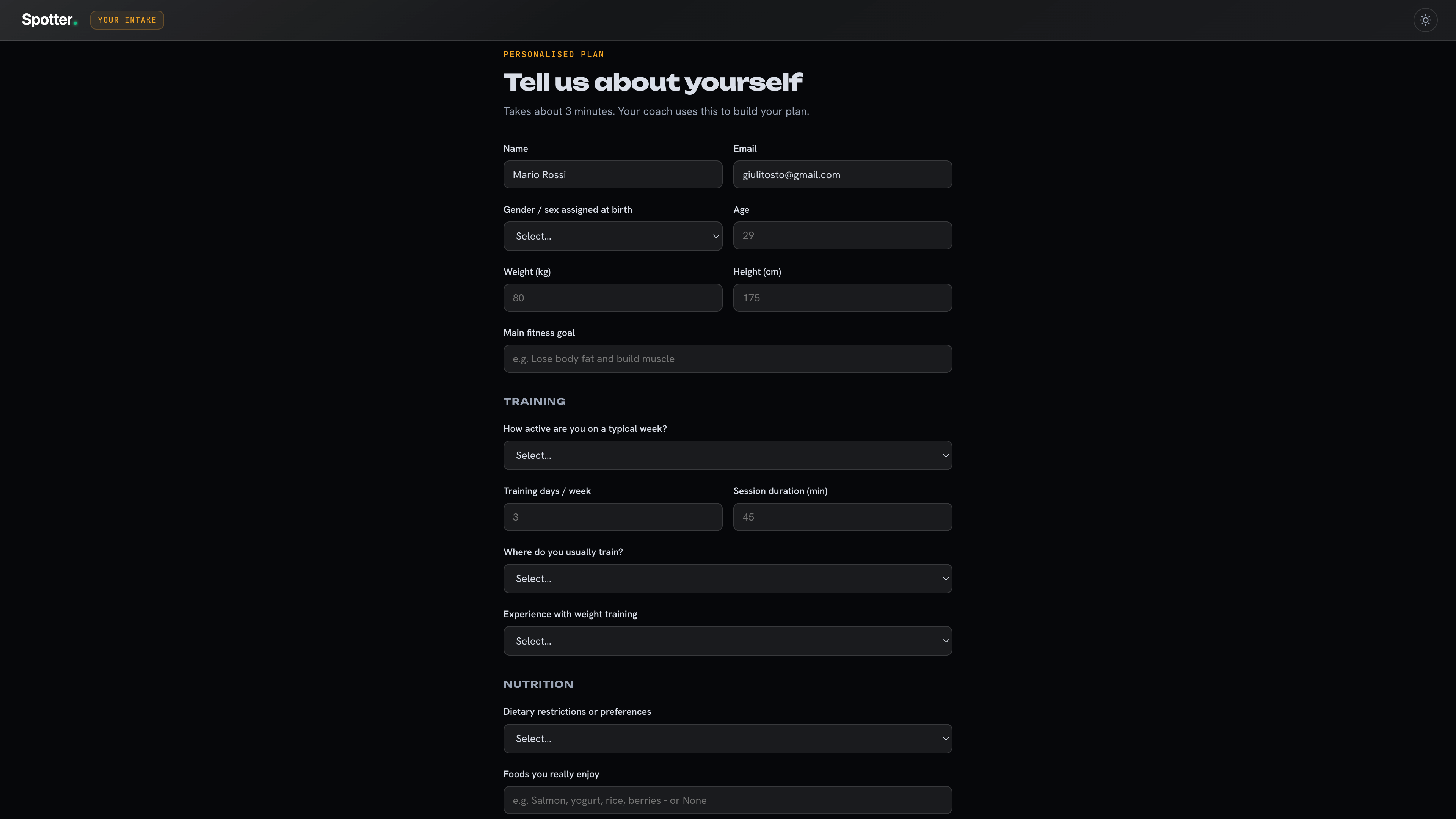 Client intake form