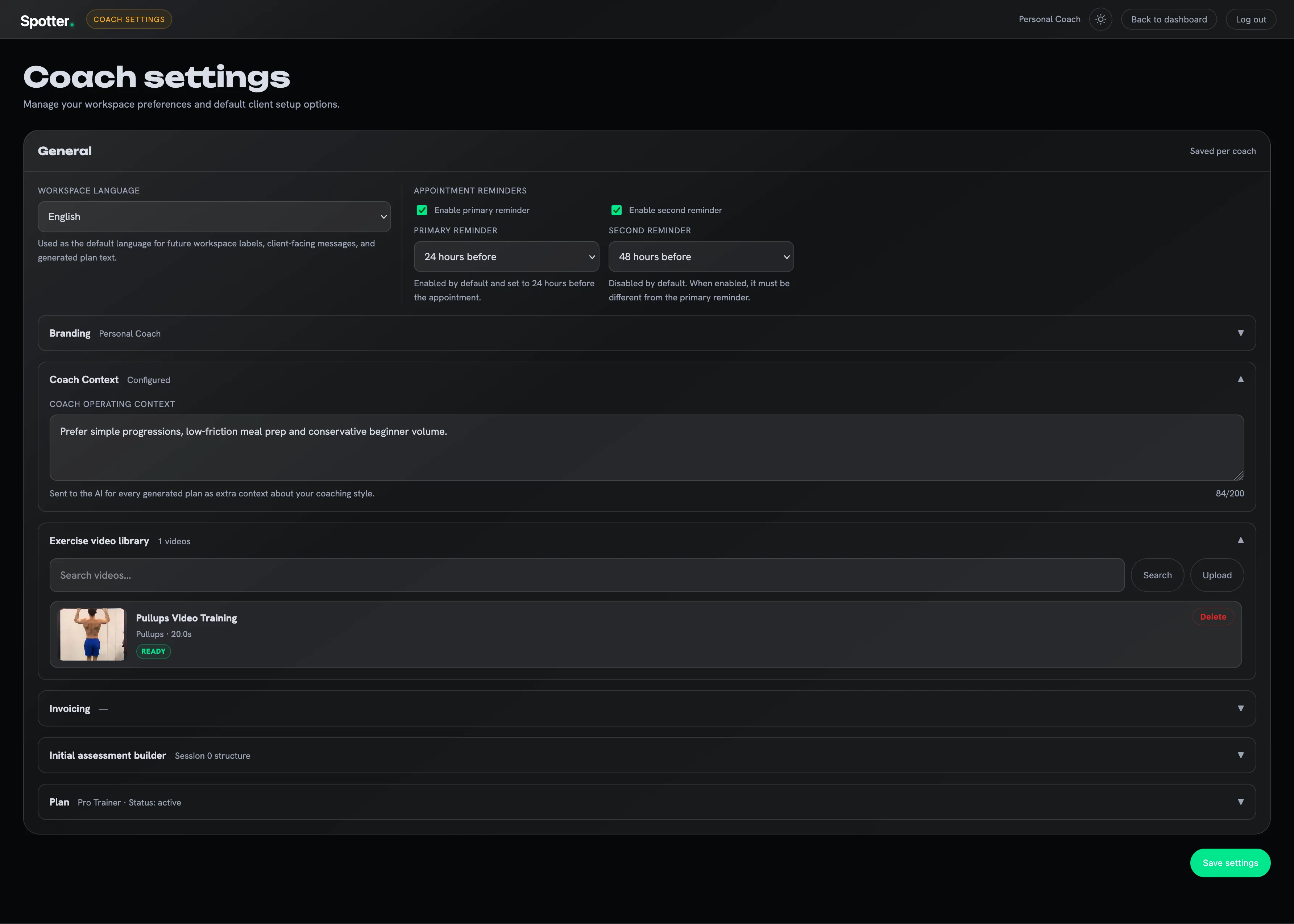 Coach settings and branding