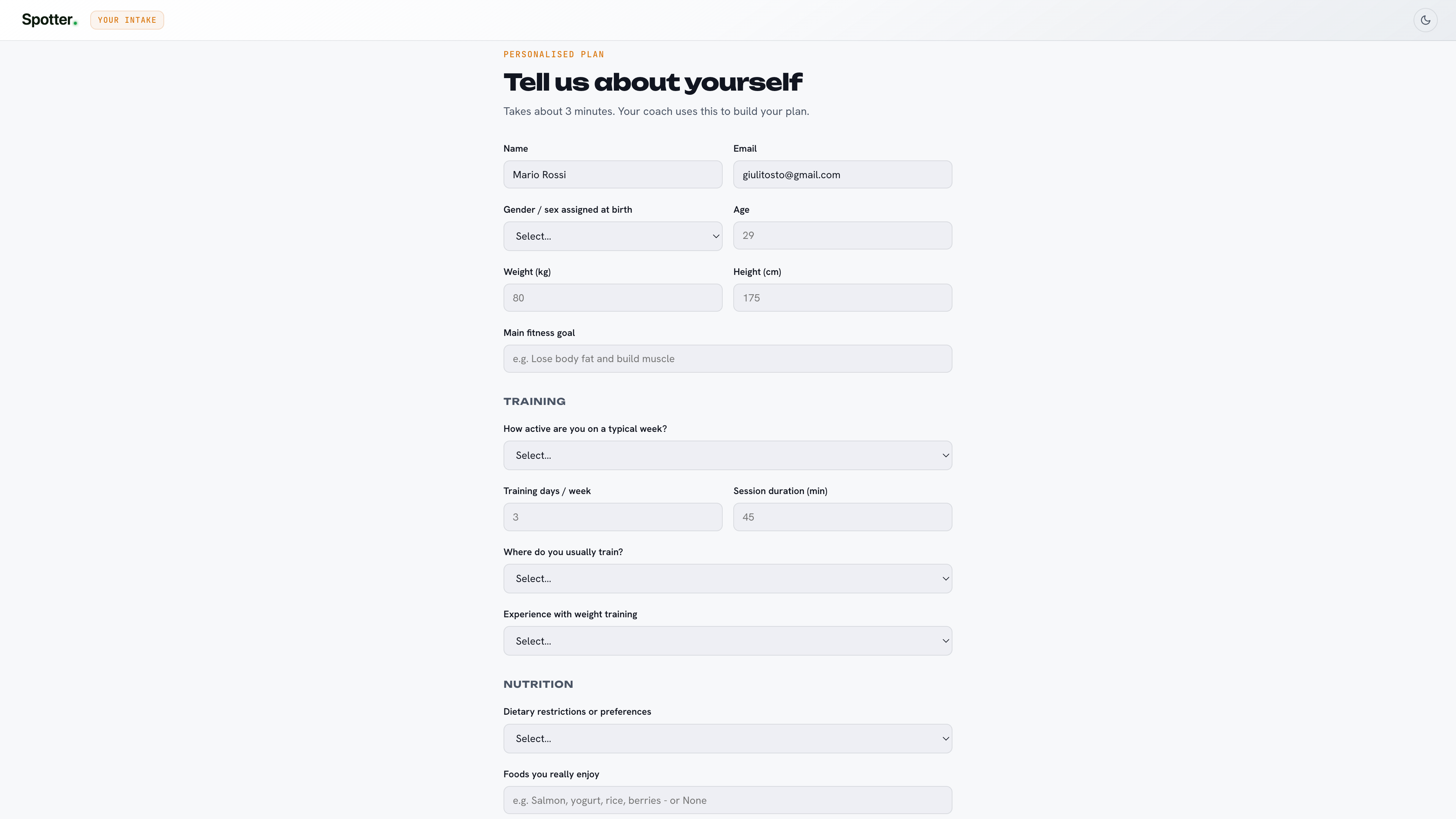 Client intake form