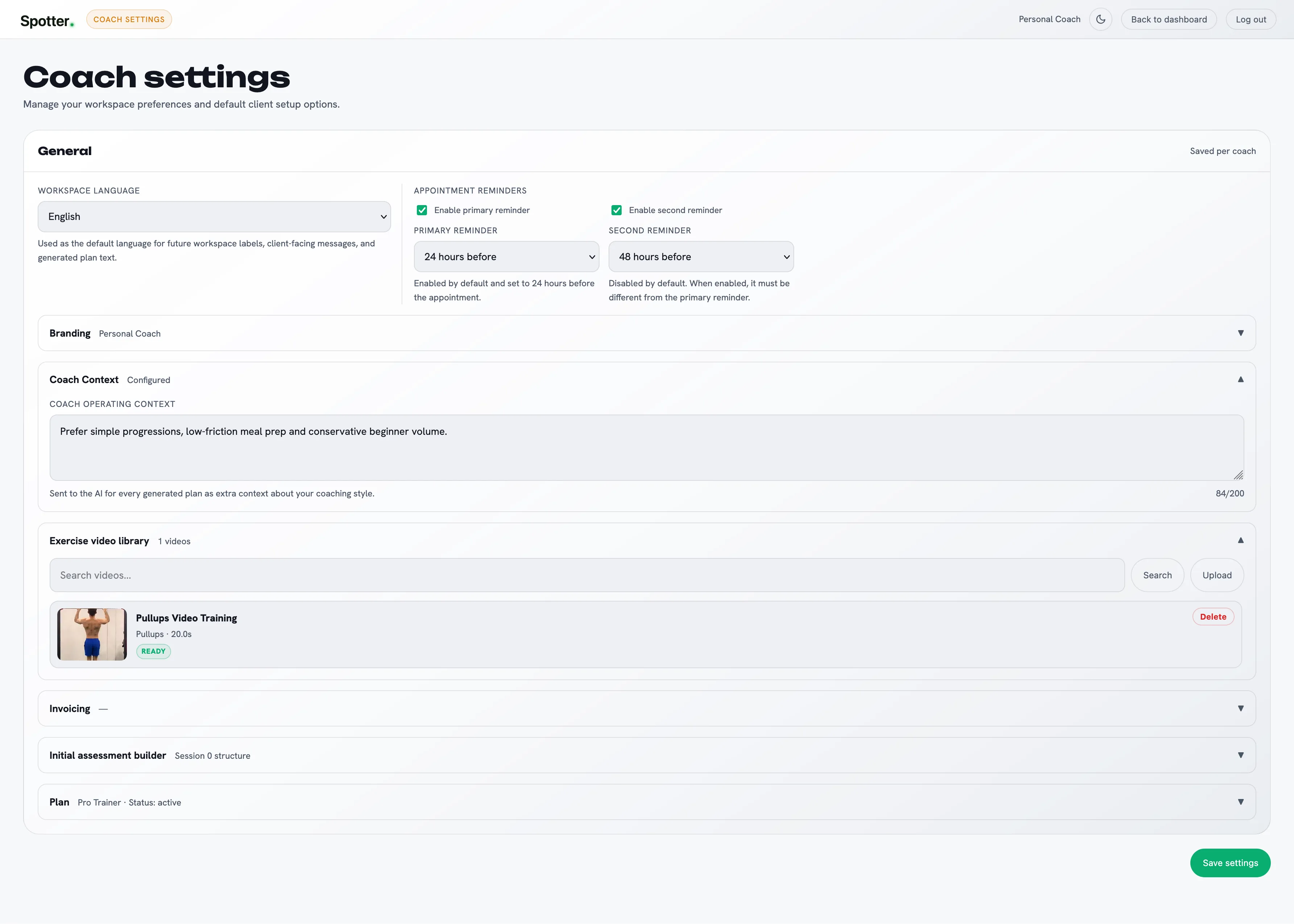 Coach settings and branding
